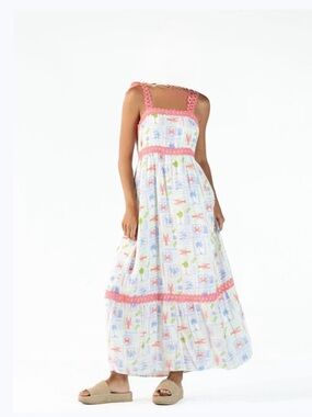 Simply Southern White Maxi Dress with Pink Trim and Multicolor Print NWT
